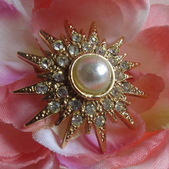 🌹 GOLD CRYSTAL DOUBLE/MULTI POINT STAR - PEARL BROOCH – VINTAGE 🌹 - Picture 12 of 15